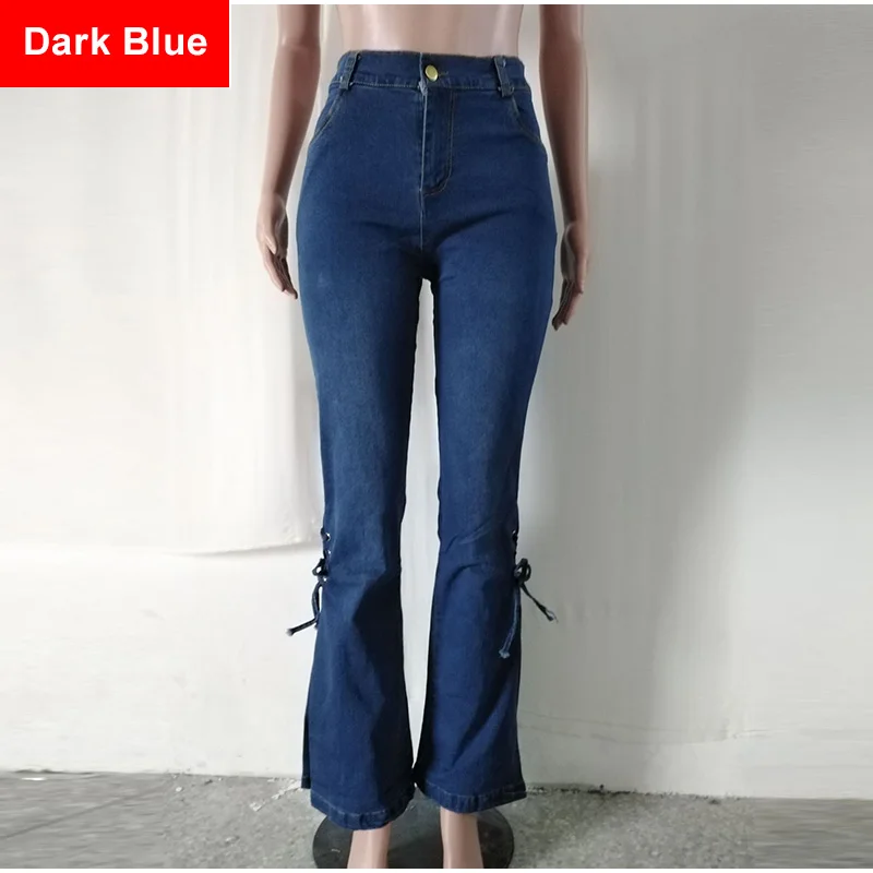 Dark Blue Размера плюс Высокая талия со шнуровкой подогнутые длинные расклешенные джинсы 3Xl 4Xl стрейч женские темно-синие джинсы скинни Винтаж клеш с низкой посадкой; для детей джинсовые штаны Чи джинсы в винтажном стиле - Цвет: Dark Blue