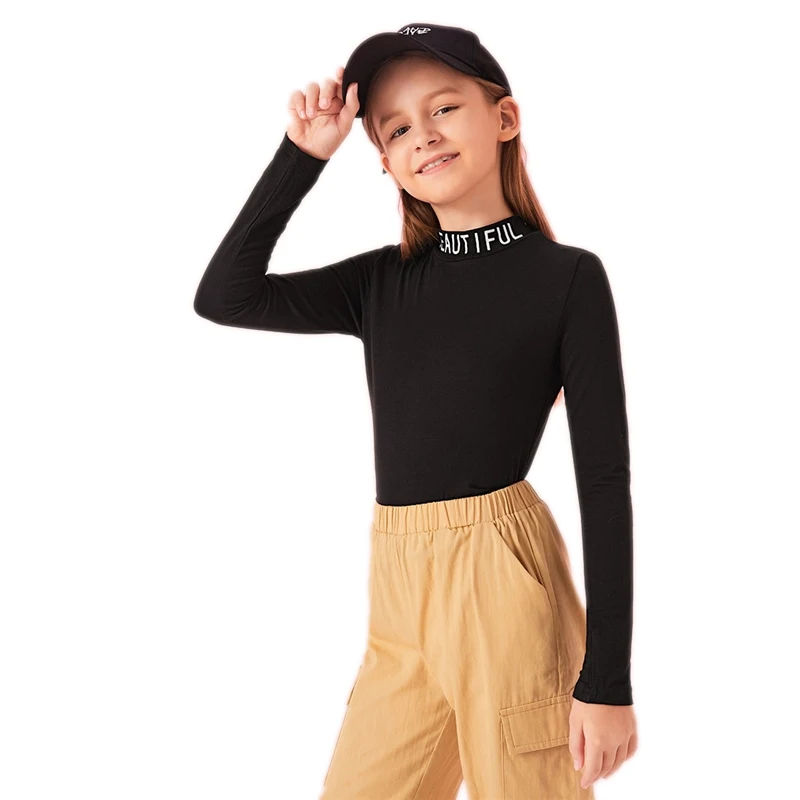 SHEIN детский черный воротник-стойка с буквенным принтом формы установлены Повседневное»; футболка; детский топ; осень, длинный рукав, облегающее детские футболки