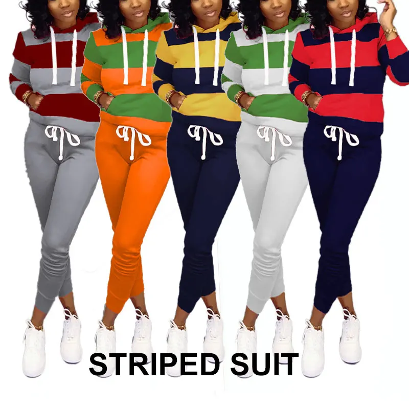 

Women 2 Pcs Outfits Striped Hoodie Sweatshirt Long Sleeve Top Trouser Set Pants with Drawstring FDC99