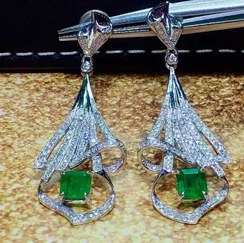 

N515 Emerald Earrings Fine Jewelry 18K Gold Green Emerald 1.2ct Gemstones Diamonds Female Drop Earrings for Women Fine Earrings