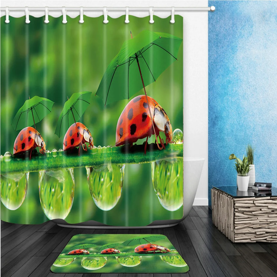 Funny Ladybug Shower Curtains Set Spring Scenery Green Umbrella Bathroom Decor Home Bath Bathtub Curtain And Flannel Mat Carpet Shower Curtains Aliexpress