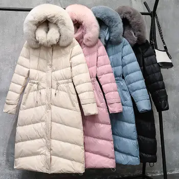 

Faux Double Fox Fur Collar Women's Down Jacket Coat Adjustable Waist Hooded Parka Jacket Thicken Warm Long Winter Jacket C5943