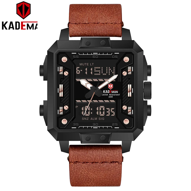 Новые роскошные квадратные часы, мужские спортивные водонепроницаемые военные наручные часы, Топ бренд, KADEMAN, двойной ход, мужские повседневные кожаные часы - Цвет: K6153-B-RG-T