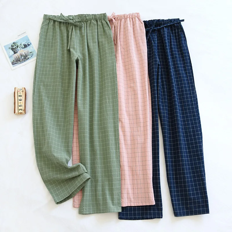 couple Washed Cotton Trousers Thin Men And Women Home Pants Elastic Waist Sleep Bottoms Plaid Lounge Pants Home Sleepwear 2021_ecoleips.com