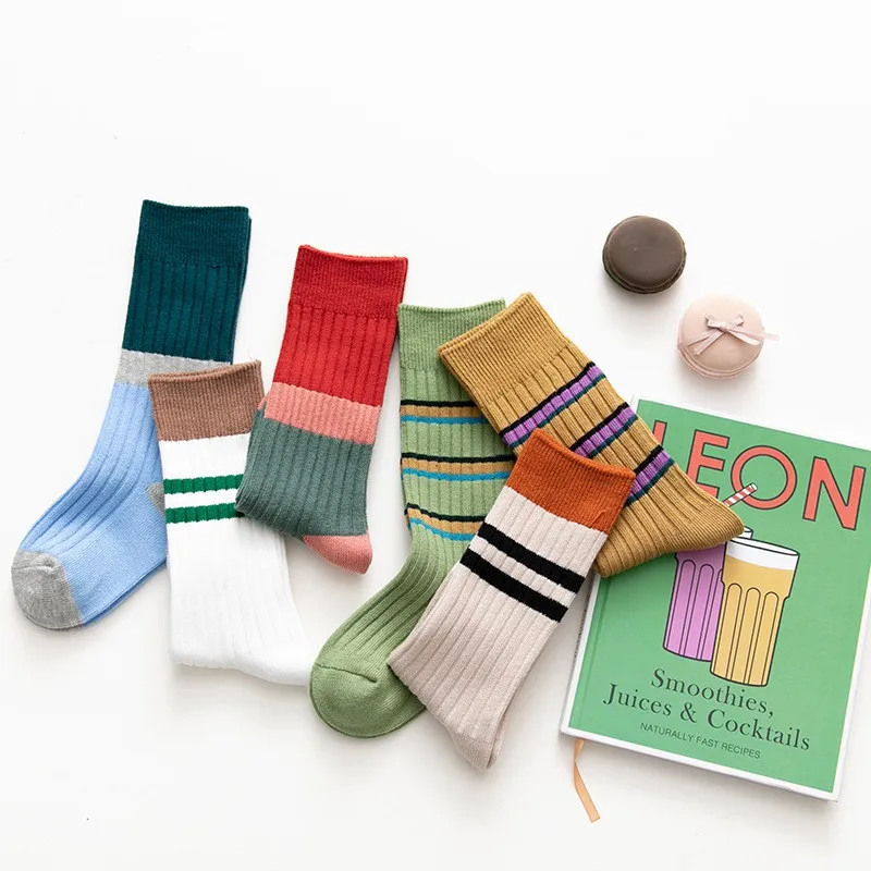 

Children's Socks Autumn And Winter Double Needles Two-way Spelling Color Strips Combed Cotton Tube Children Socks