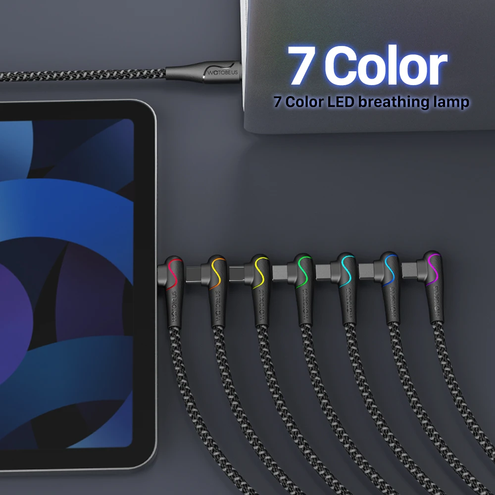 Enhanced Title: Premium 10ft USB C to USB C Cable with LED 7-Color Display and 90° Elbow Design, 100W Power Delivery, Nylon Braided Cord