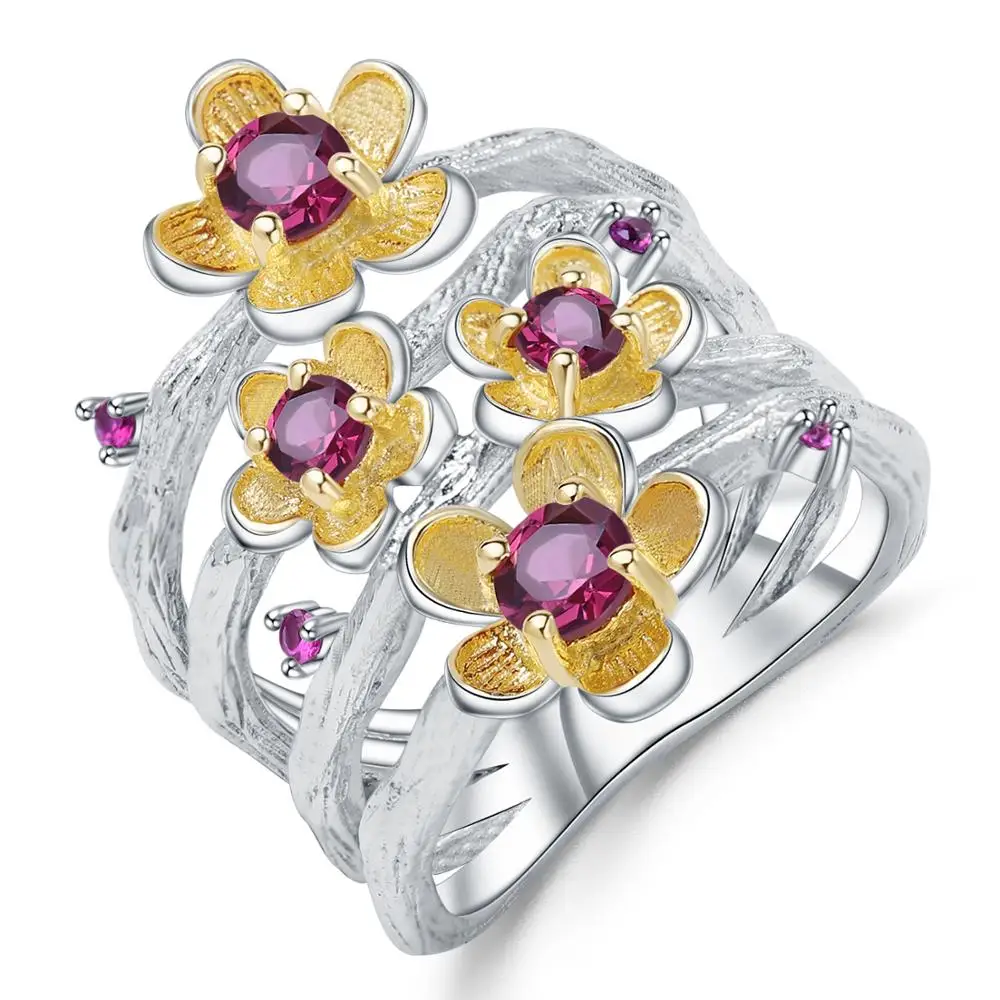 

GEM'S BALLET 0.96Ct Natural Rhodolite Garnet Ring 925 Sterling Silver Handmade Peach Blossom Flower Rings for Women Fine Jewelry