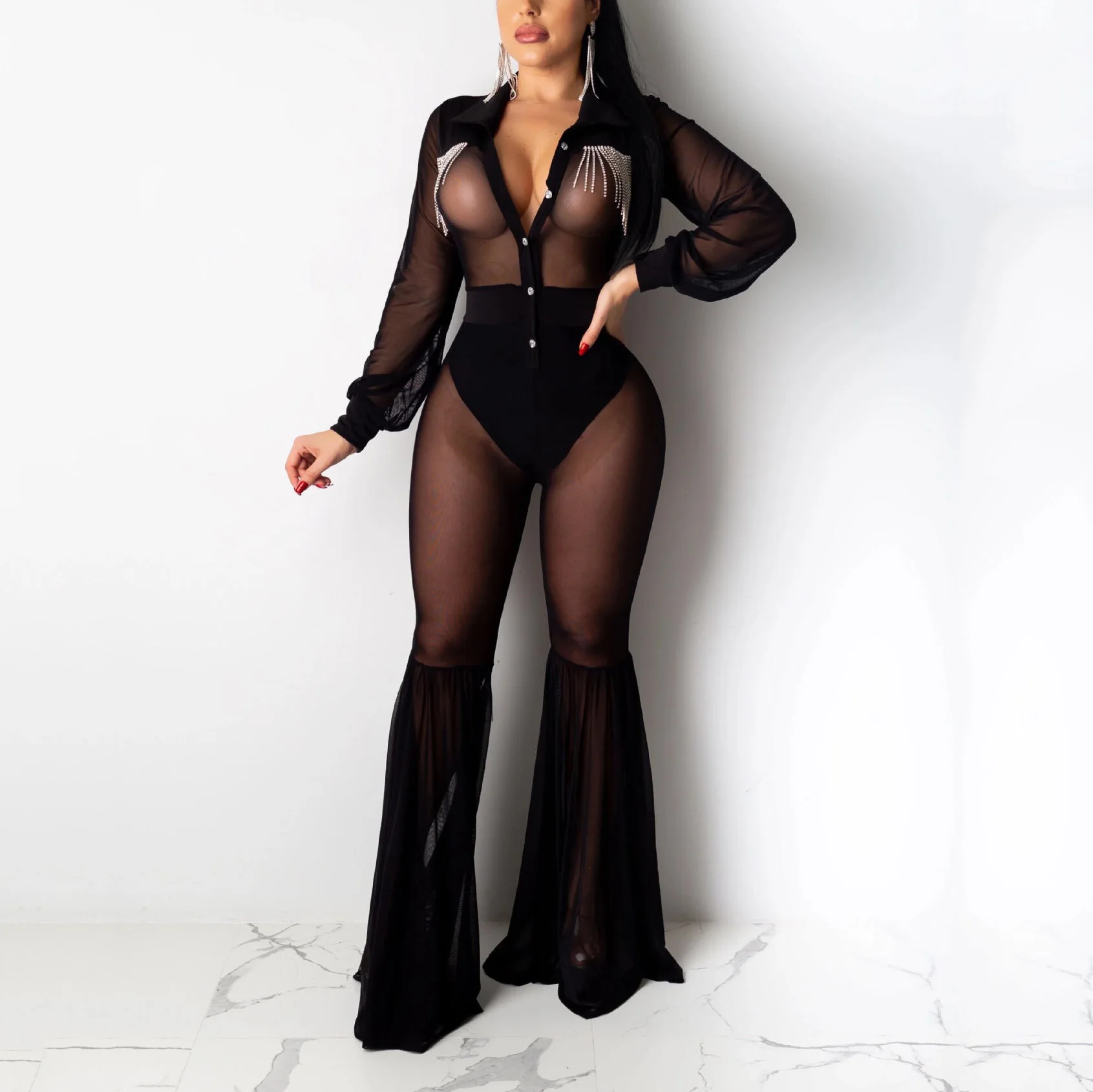 

Black Transparent Long Jumpsuits Full Sleeve Turn Down Collar Button Flare Pants Elegant For Evening Night Party Club Rompers