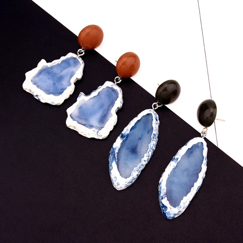 19Vintage Blue Pink Stone Resin Earrings Big Long Drop Earrings For Women Statement Jewelry Pendientes Mujer Moda 2019 Ohrringe