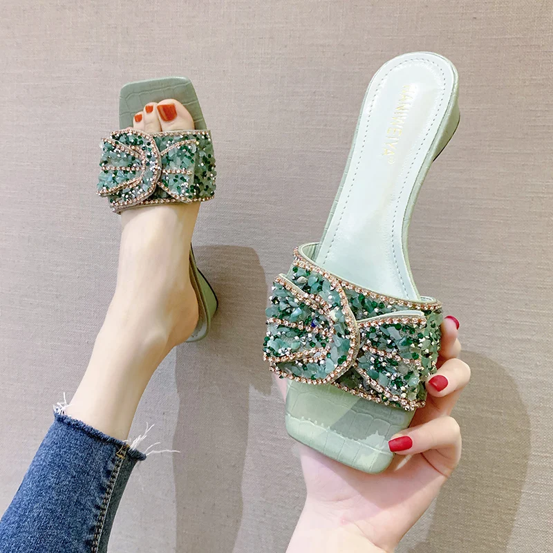 

Rhinestones Bow Low Heel Slippers Women Square Toe Slippers Chunky Heel Sandals Summer Sweet Shiny Open Toe Heels Women