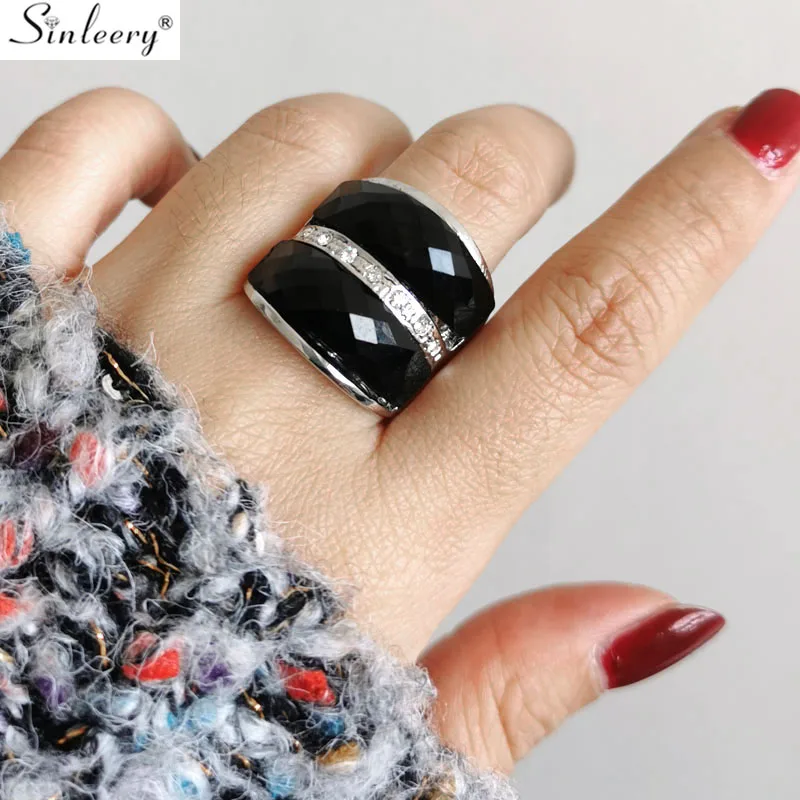 SINLEERY, ослепительные, широкие, большие, черные, акриловые кольца, серебряный цвет, круг из крошечных кристаллов, свадебные кольца для женщин, ювелирные изделия JZ556 SSC