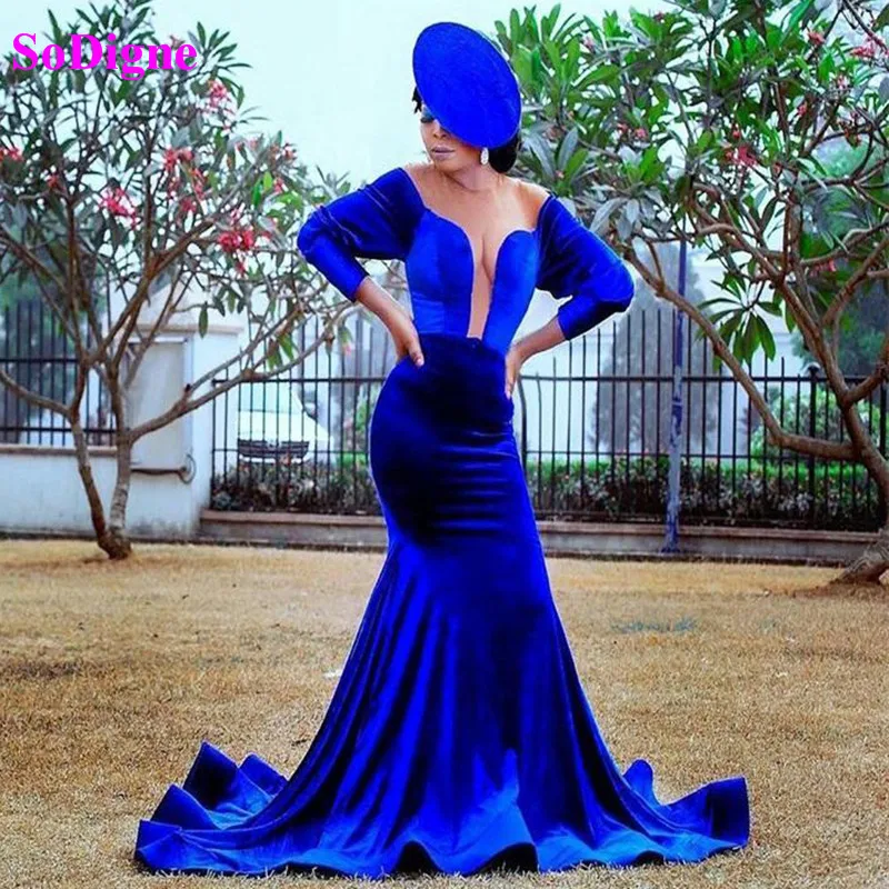

SoDigne Simple Velvet Evening Formal Dresses Sexy High V-neck Long Sleeves Mermaid Arabic Muslim Dubai Prom Gowns