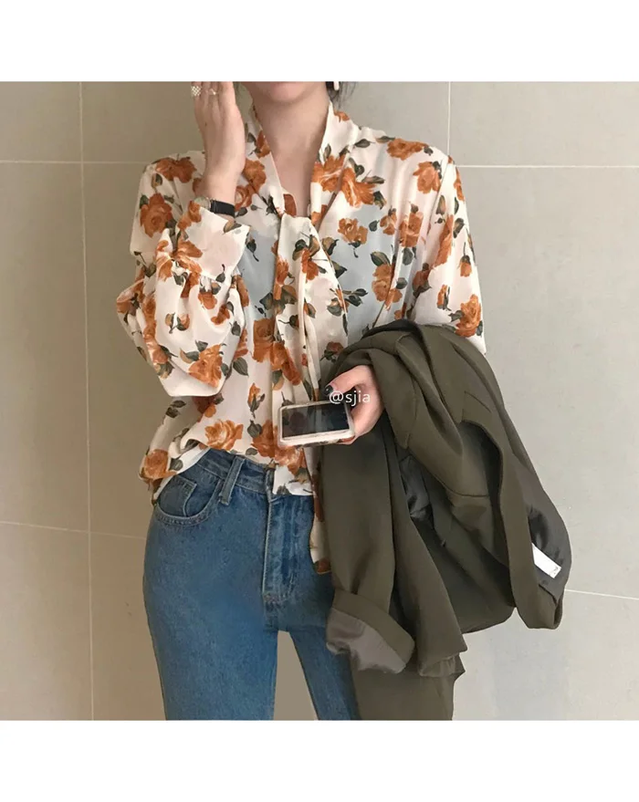 Neploe Women Chiffon Blouse Full Rose Printed Shirt Long Lantern Sleeve V-neck Elegant Tops New Fashion Lace Up Blusa 55645