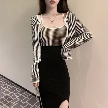 

Women Striped Camisole + Cardigans Sets Casual Long Sleeve Jacket and Vest Set