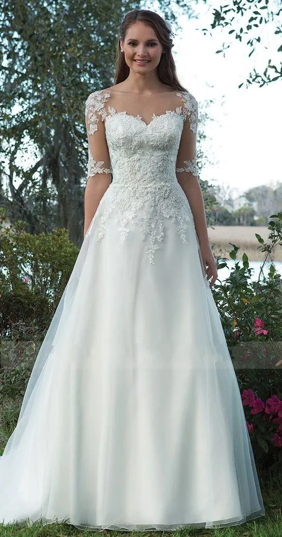 

Scoop Tulle Neckline Half Sleeves Lace Applique A-line Wedding Dress illusion Back Sweep Train Button Bridal Dress