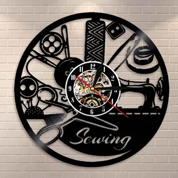 

Seamstress Sewing Room Decor Sewing Machine Contemporary Wall Clock Sewing Tools Vinyl Record Clock Fashion Store Wall Art
