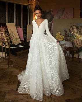

Eenvoudige Witte Kant Trouwjurken 2020 Lange Mouw V-Hals Boho Bruidsjurken Satijn Backless Sweep Trein Robe De Mariee Plus Size