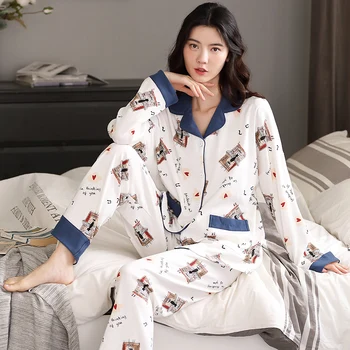 

BZEL Casual Sleepwear Loose Women's Pajamas Cotton Pijama Femme Turn-down Collar Home Clothes For Women Nightwear Loungwear XXXL