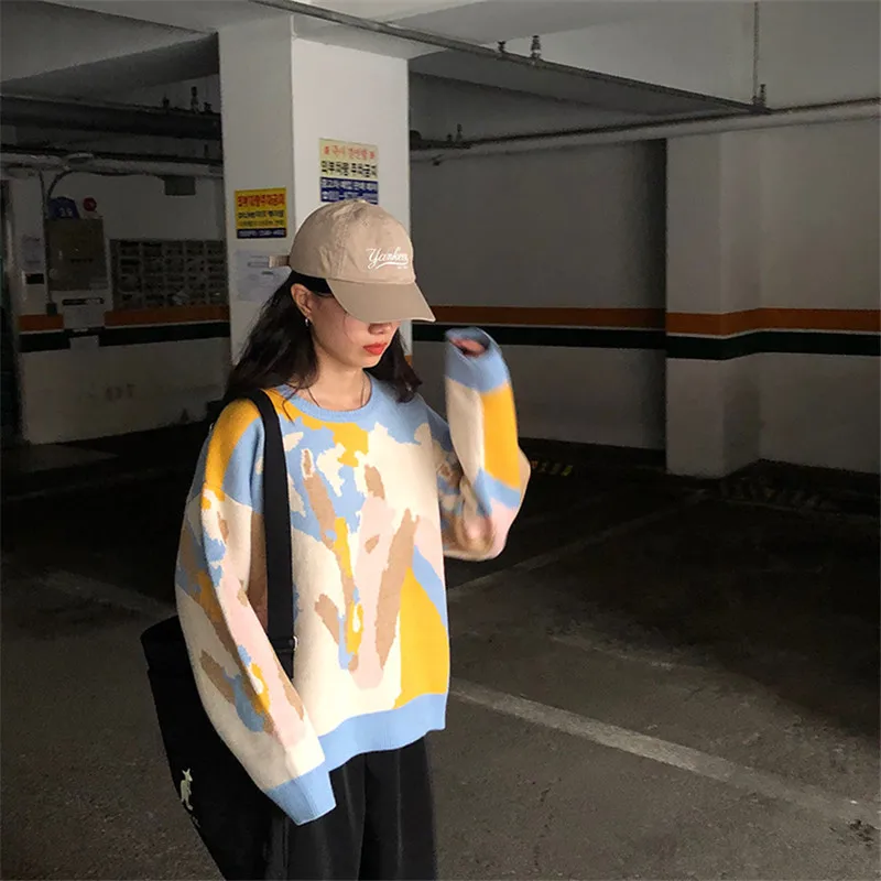RUGOD цветной свитер с принтом граффити, пуловеры для женщин, круглый вырез, Свободный теплый вязаный пуловер, модный, harajuku, Плотная туника для женщин