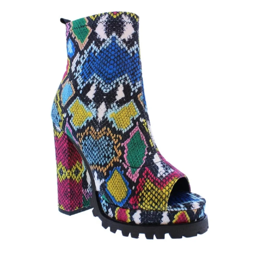Лидер продаж; ботинки ярких цветов; новые женские полуботинки на молнии, с открытым носком, на водонепроницаемой платформе, на высоком каблуке и толстой подошве, со змеиным узором