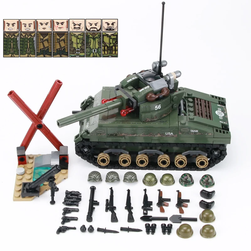 

WW2 Military US Sherman M4 Tank Building Blocks Military WW2 US Army Soldiers Figures Helmet Weapons gun Bricks Parts Blocks Toy