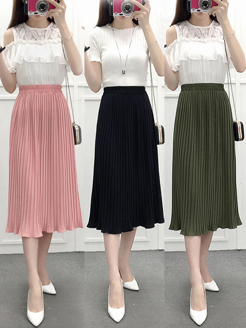 2020 Women pleated skirt high waist casual chiffon skirt female fashion cute spring summer elegant midi skirt women new DR1464 (10)