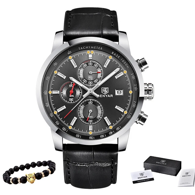 Black gray BENYAR часы мужские роскошные брендовые кварцевые часы с хронографом модные спортивные автоматические часы с датой кожаные мужские часы Relogio Masculino - Цвет: Black gray