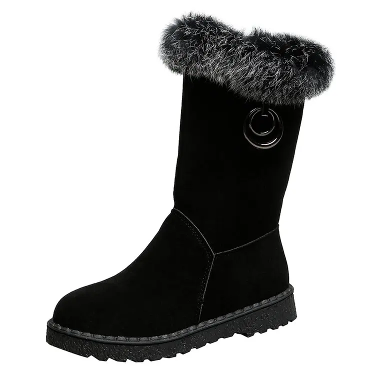 Autumn Low-heeled Flat Mid Boots Women Short Plush Keep Warm Snow Boots Shoes Woman Round Toe Side Zipper Fashion Boots Booties