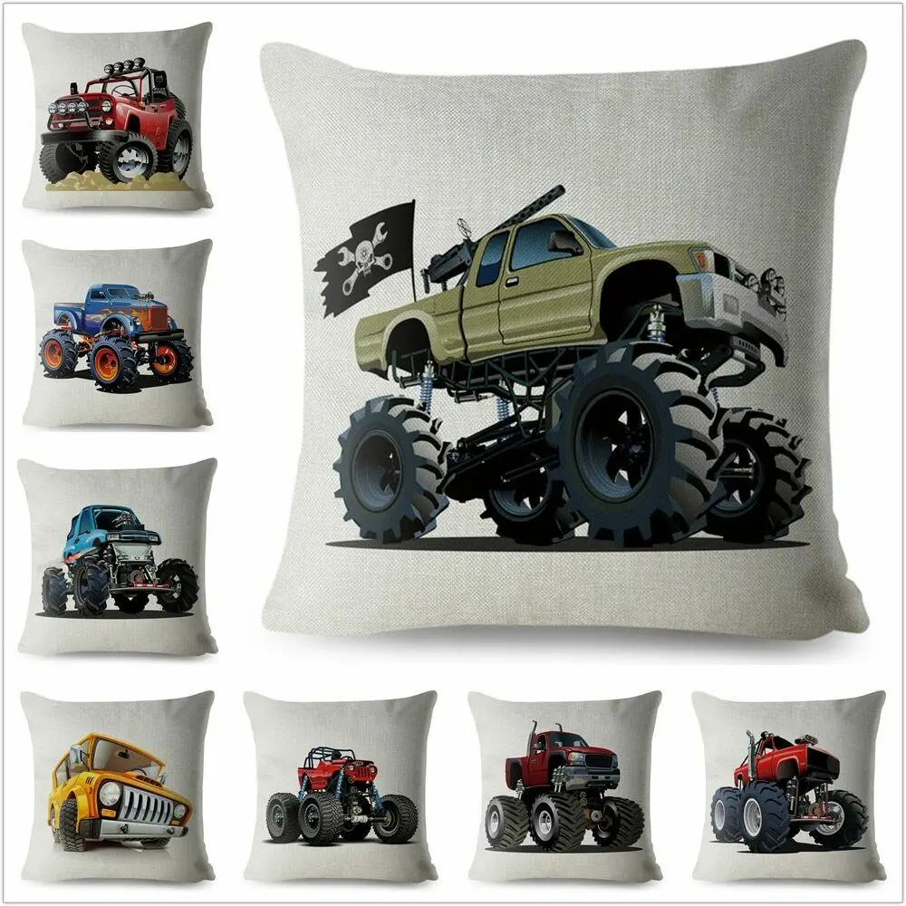 

USA Monster Truck Car Cartoon SUV Pattern Cushion Cover Linen Home Decoration