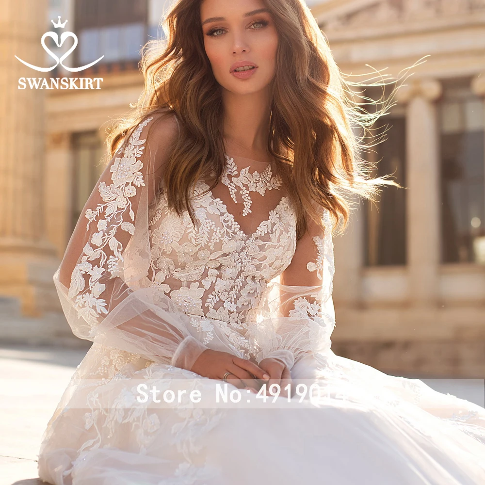 Гламурное свадебное платье с цветами 2019 Swanskirt с круглым вырезом и длинными рукавами трапециевидной формы с аппликацией, свадебное платье с