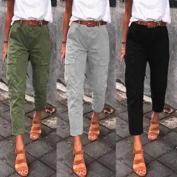 

Stylish Multi-pockets Overalls 2020 ZANZEA Women's Pants Autumn Casual Front Zipper Cropped Trousers Female Solid Cargo Pantalon