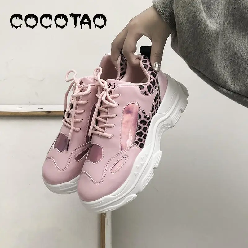 Pink Обувь с изображением медведя; Женская Осенняя обувь с леопардовым принтом; Новинка; обувь на платформе; женская обувь - Цвет: Pink