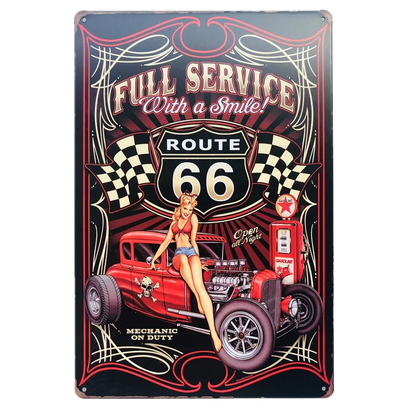 Винтажные металлические жестяные вывески Hot Rod Route 66 мотоцикл газ масло автомобильный клуб гараж домашние наклейки на стену Декор