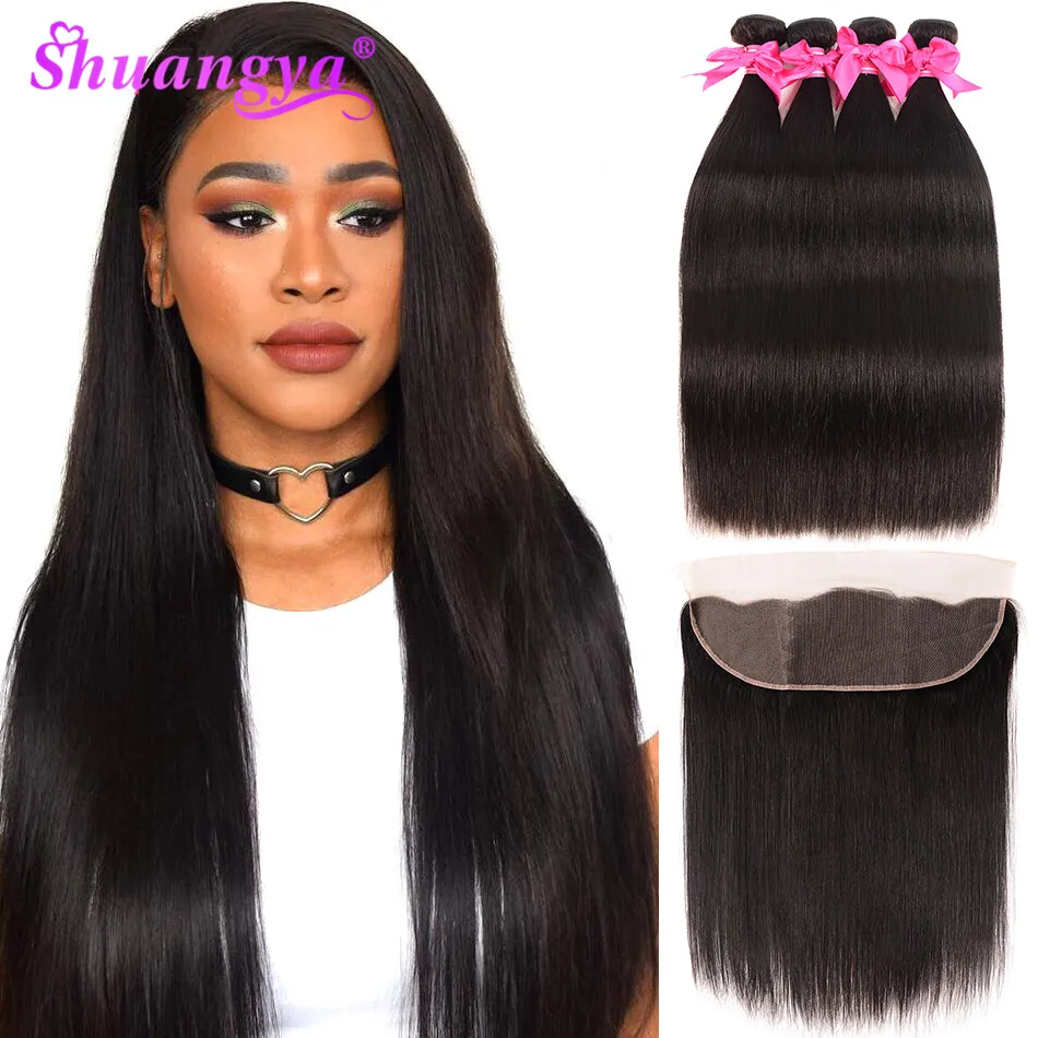 Malaysian Straight Hair Bundles With Frontal 100% Human Hair Bundles With Closure  Transparent Lace Frontal Remy Hair Extension