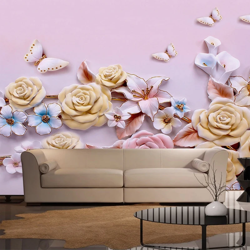 

Customize Photo Pink Wallpaper For Walls European Style Butterfly Colorful Flower TV Background Mural Wall Painting Wallpaper 3D