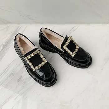 

Luxury Crystal Square Buckle Loafers Shoes Women Genuine Leather Warm Flats Female Winter Plush Elagent Flat Ladies Casual Flats