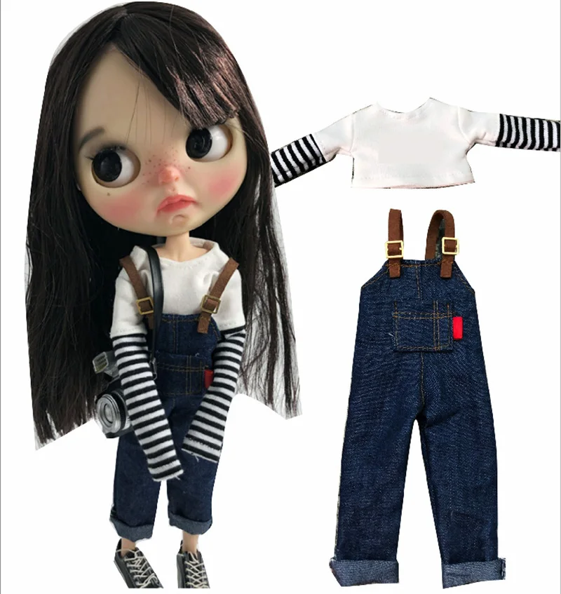 2 шт./компл. кукла Blyth Костюмы, футболка в полоску+ комбинезон со штанами из джинсовой ткани для 1/6 кукольная одежда аксессуары(подходит для Blyth, азоны O24 1/6 куклы