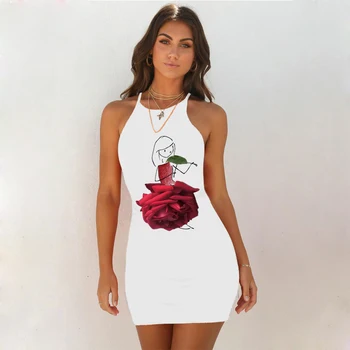 

New 2020 Summer Tight Dress Women Dress Rose Print White Dress Solid Black Dress Vestido Negros Cortos Dress With Bare Shoulders