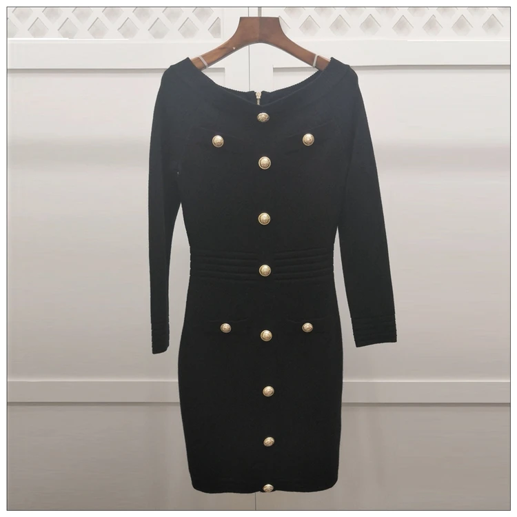 Черный 10,22 шерсть+ Tencel Модное Новое платье с вырезом лодочкой, украшенное пуговицами Аргайл, тонкое однотонное платье с длинным рукавом, облегающее вязанное платье - Цвет: Черный