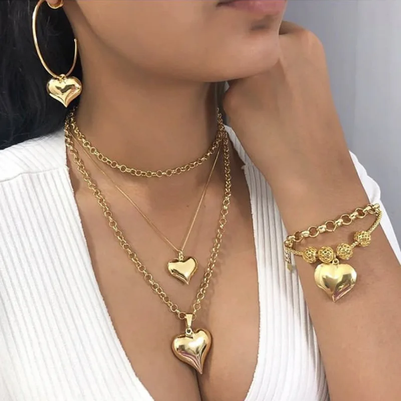 Necklaces Wedding-Jewelry Multilayer Heart-Pendants Girlfriend Gifts Geometric Gold Women