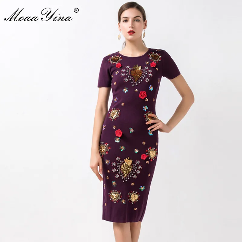 MoaaYina модное дизайнерское подиумное платье Летнее женское платье с коротким рукавом, аппликацией, бисером, стразами и пайетками, шерстяные вязаные платья
