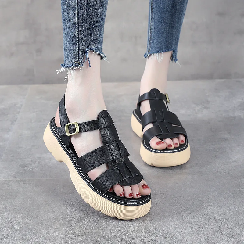 

The First Layer of Cowhide Sandals Women's Summer 2021 New Women's Shoes Thick-soled Flat-bottomed Casual All-match Leather
