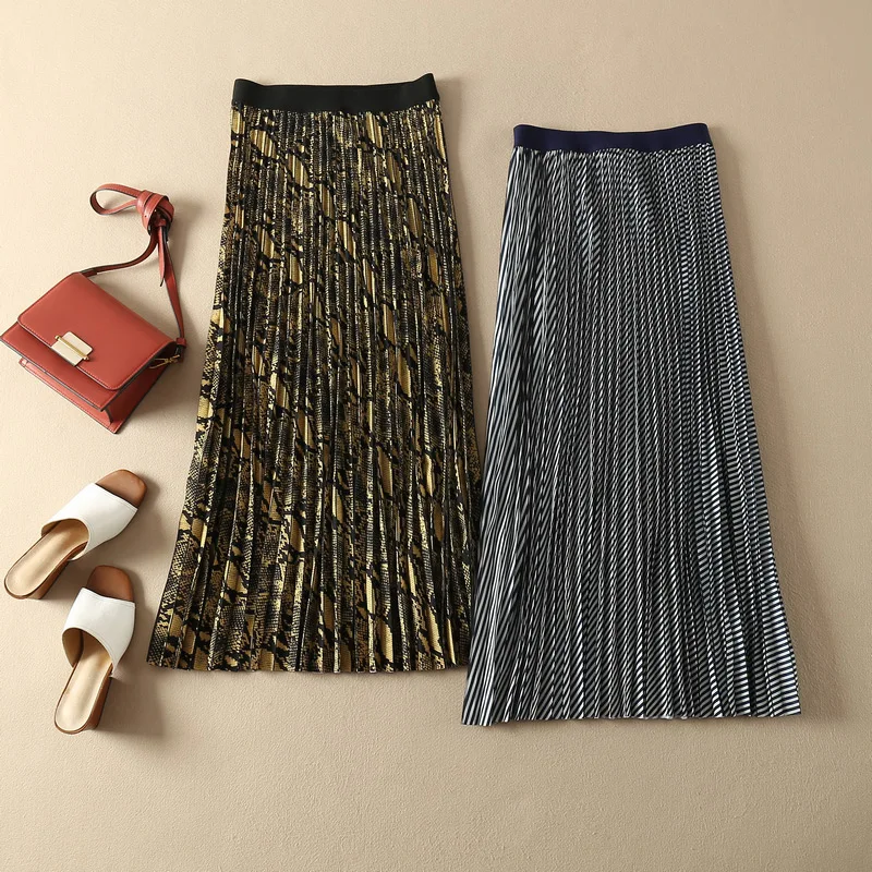 Женская/Женская эластичная Юбка-миди с высокой талией в полоску/с принтом животных, плиссированная юбка-осень, темно-синяя полосатая/желтая юбка средней длины с принтом змеи