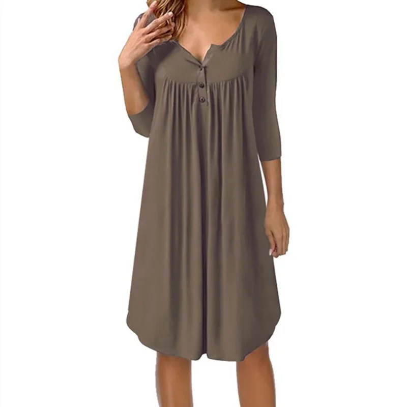 

Plus Size Women Clothes Cotton Casual Loose Solid Three Quarter Button Knee-Length O-Neck Summer Dress Fall Fashion Short Dress