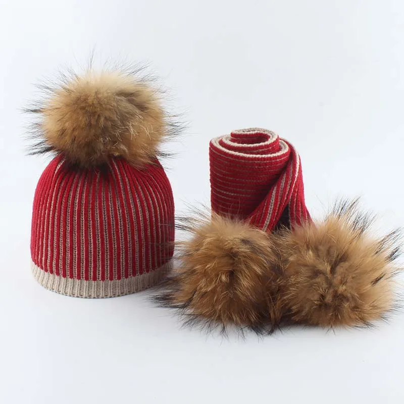 Baby Winter Hat For Girls Boys Real Fur Pompom Kids Hat and Scarf Set Striped Knitted Beanies Skullies