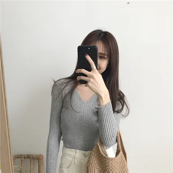 

Fashion Korean Spring V Neck Sweater Knitted Sweaters Slim Sexy Tops For Women Pullover Jumper Pull Femme Truien Dames