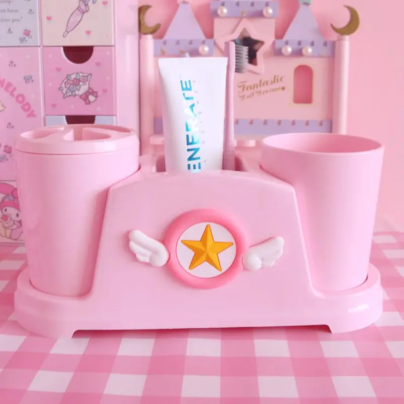 Kawaii Pink Sakura Bathroom Shelf Home Cute Plastic Mouthwash Cup Toothbrush Holder Set Couple Gargle Cup Bathroom Accessories 3