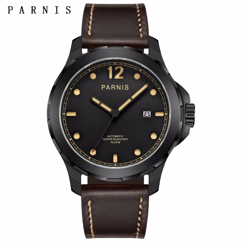 

Parnis Mens Mechanical Watches Military Watch Men Automatic Wrist Watch Sapphire Auto Date Brown Genuine Leather Watchband