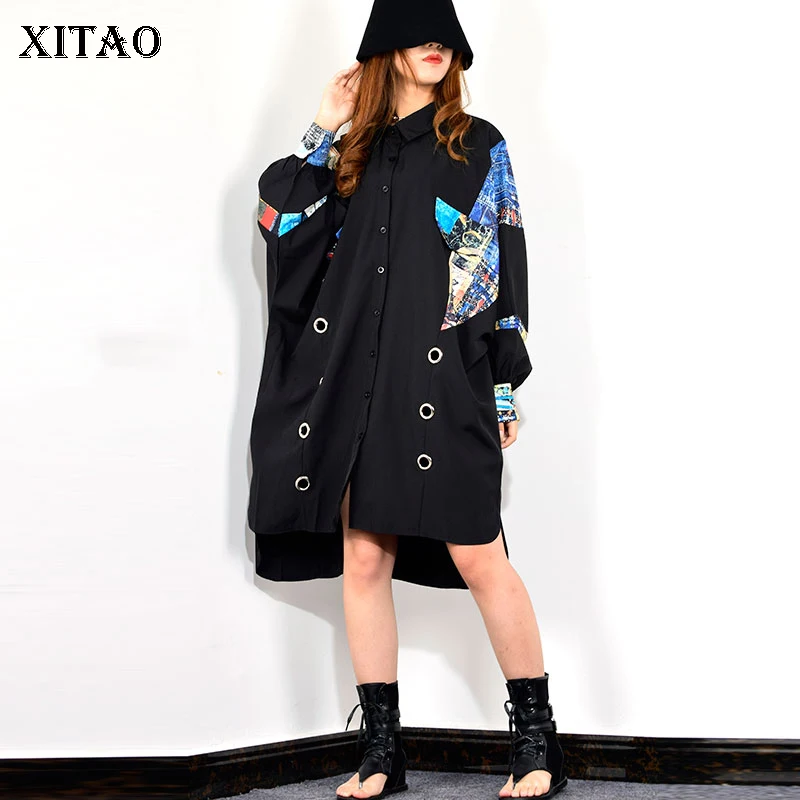 

XITAO Tide Print Shirt Single Breasted Turn Down Collar Bat Sleeve Loose Casual Plus Size Blouse Women 2019 ZYQ1817