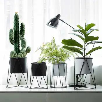 

Nordic Style Geometric Iron Rack Holder Metal Stand with Ceramic Planter Desktop Garden Pot for Succulents Plants Home Decor